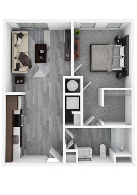 Floor plan for 1 bed, 1 bath, 673 sqft
